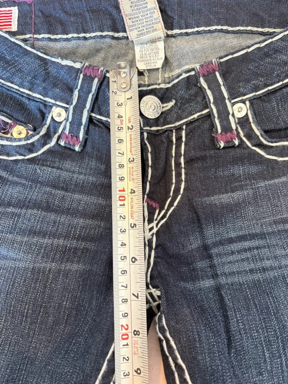 True Religion Dark Blue Skinny Jeans with White Stitching and Purple Patch - Picture 9 of 12